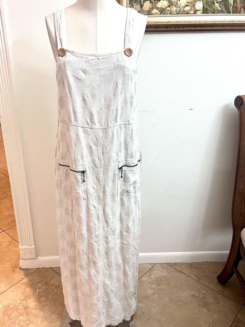 White Linen Blend Pinafore Skirt with Front Zipper Pockets